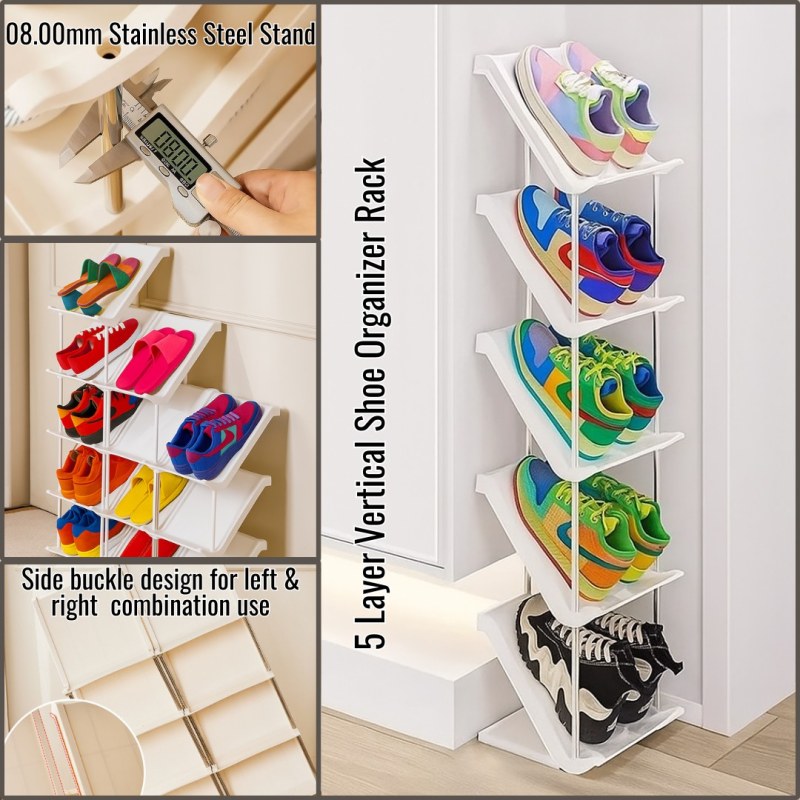  5 Layer Vertical Shoe Rack Space Saving Cabinet With Strong Load Bearing Stainless Steel Stand